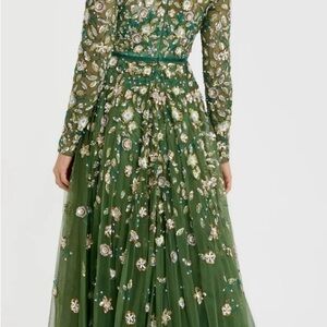 Mac Duggal Green Color Embellished High Neck Long Sleeve A Line Gown Size 6